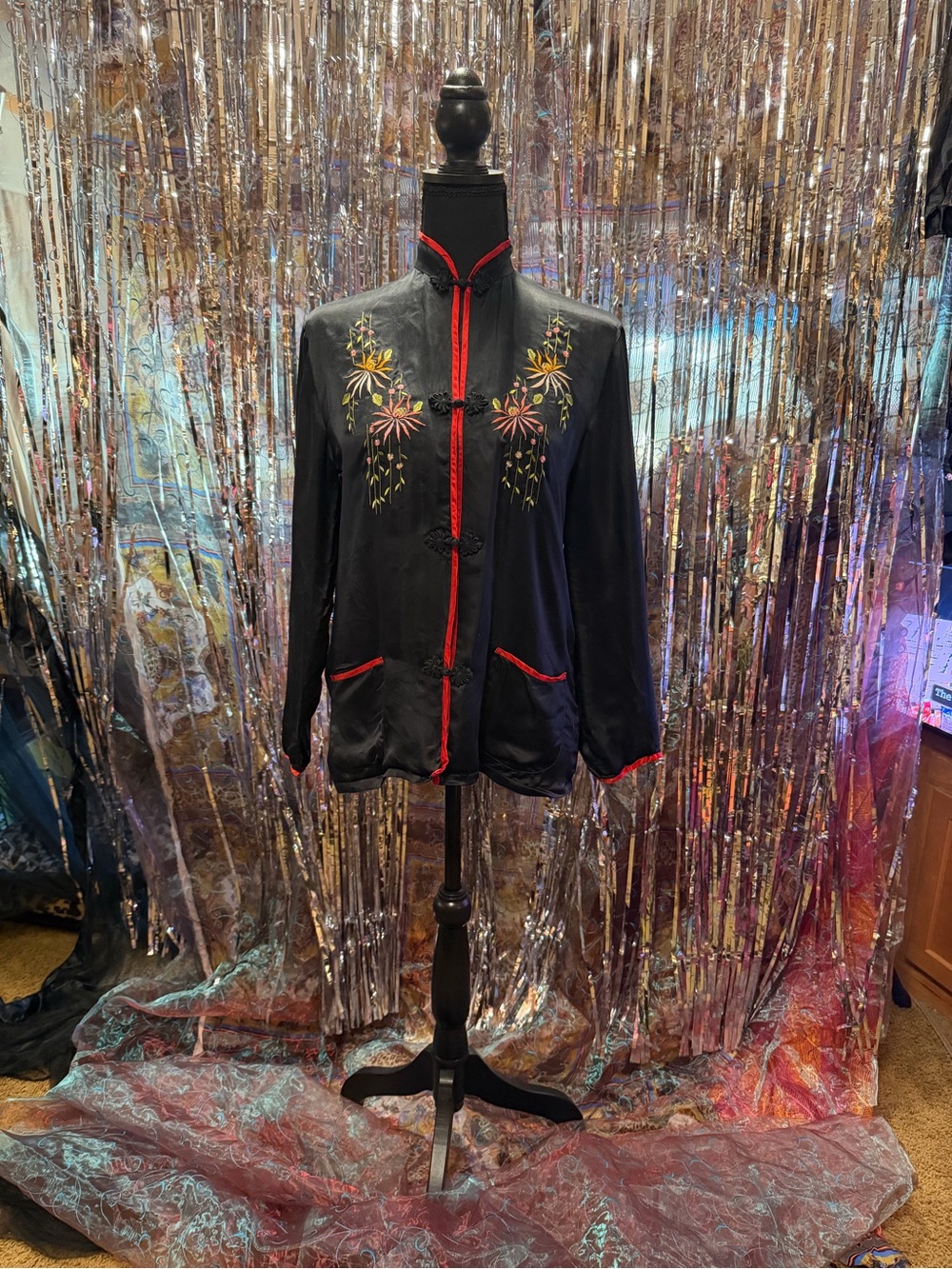 Black Embroidered Satin Mandarin Collar Jacket with Red Trim from Sony costumes